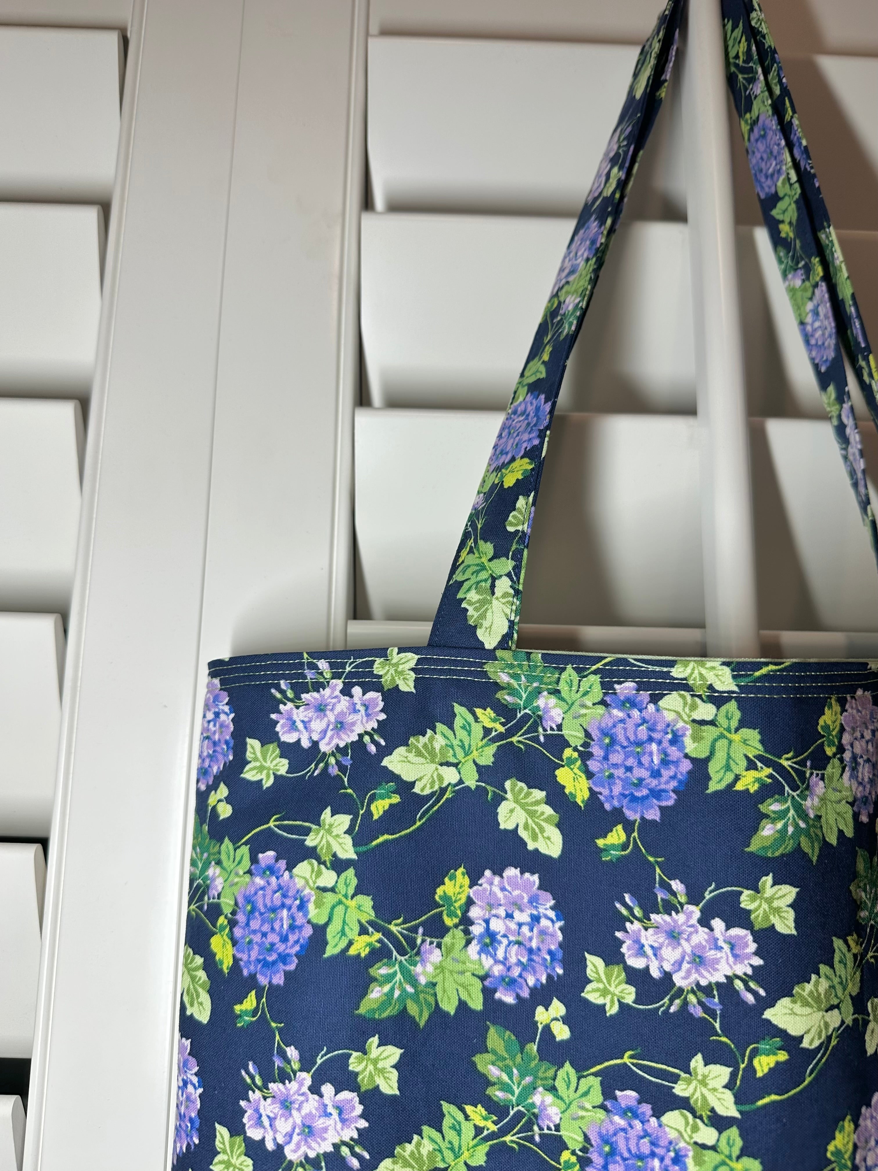 Blue/Purple Floral Handmade Cotton Tote Bag (14” x 14.5”) thumbnail 2