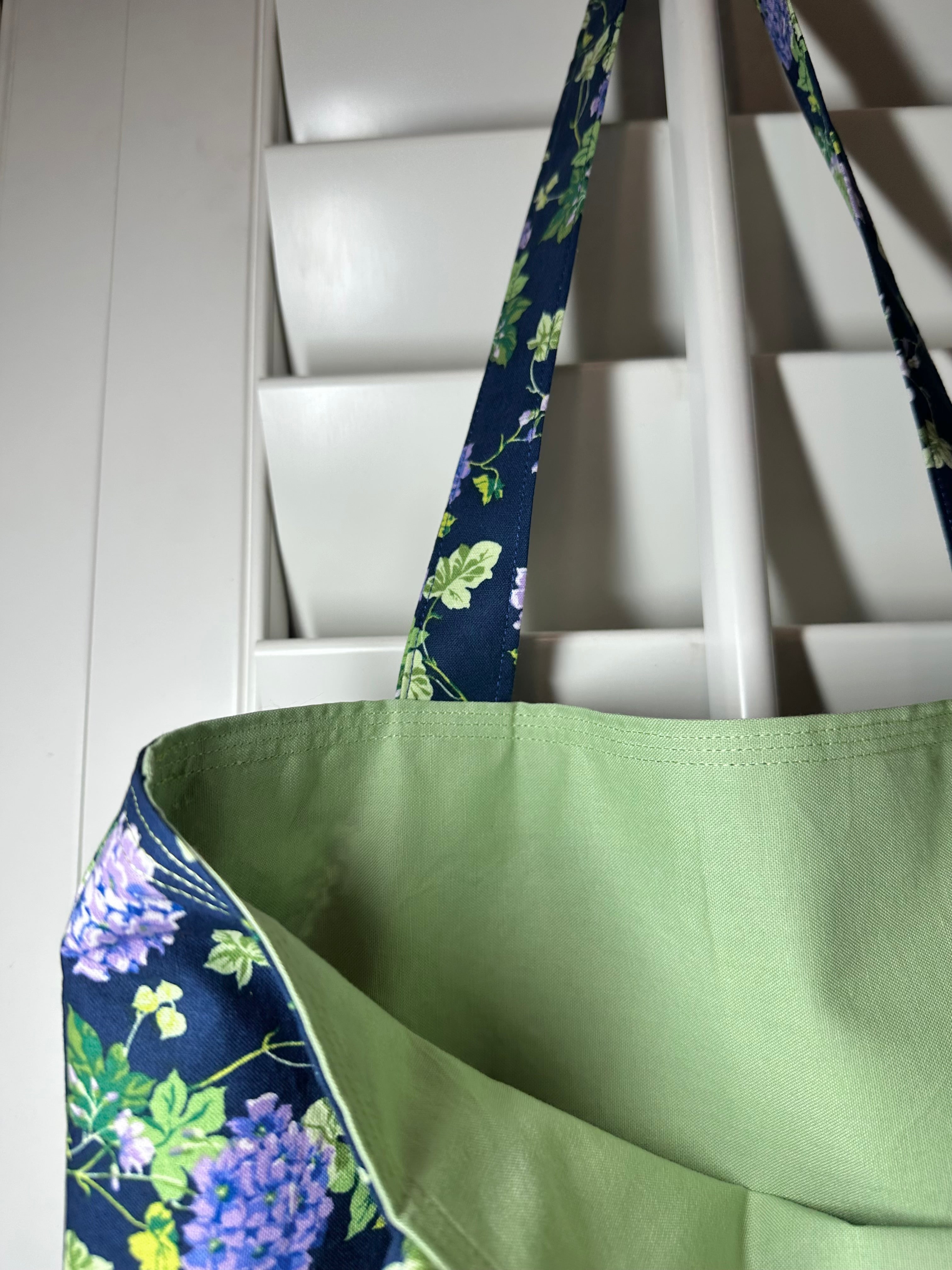 Blue/Purple Floral Handmade Cotton Tote Bag (14” x 14.5”) thumbnail 3