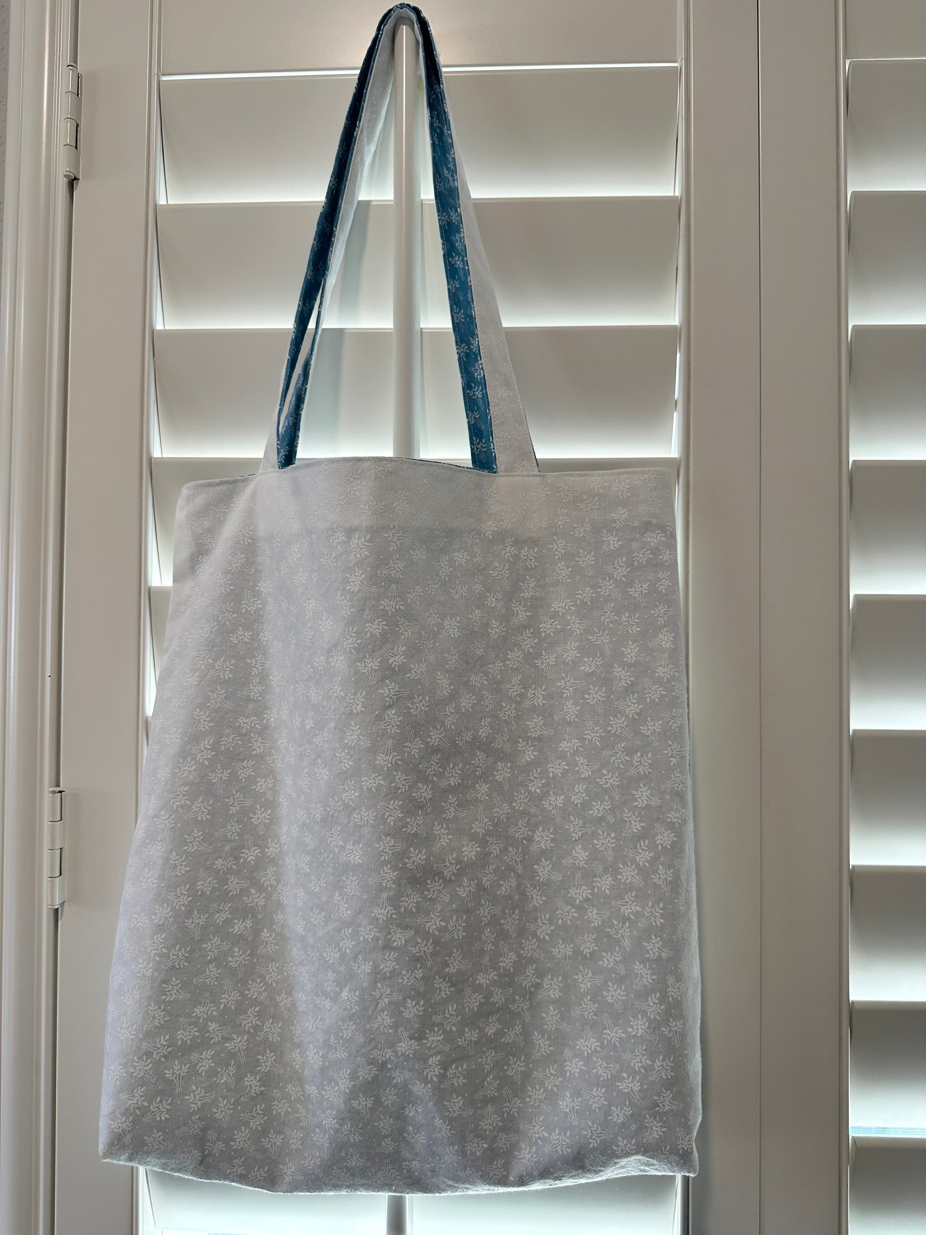 Blue & White Floral Handmade Cotton Tote Bag (14” x 14.5”) thumbnail 2