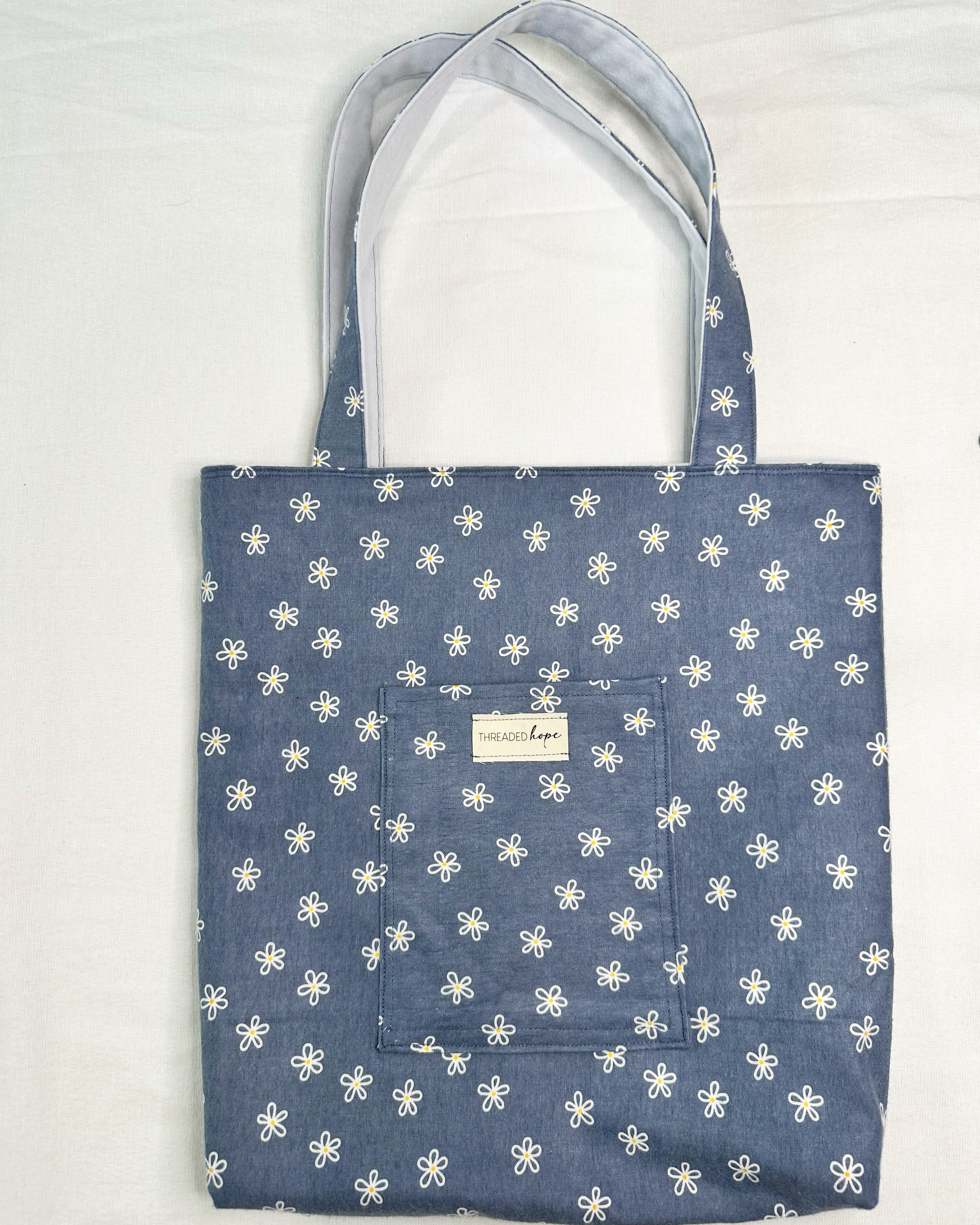 Dark Blue Floral Handmade Flannel Tote Bag (14” x 14.5”) thumbnail 2
