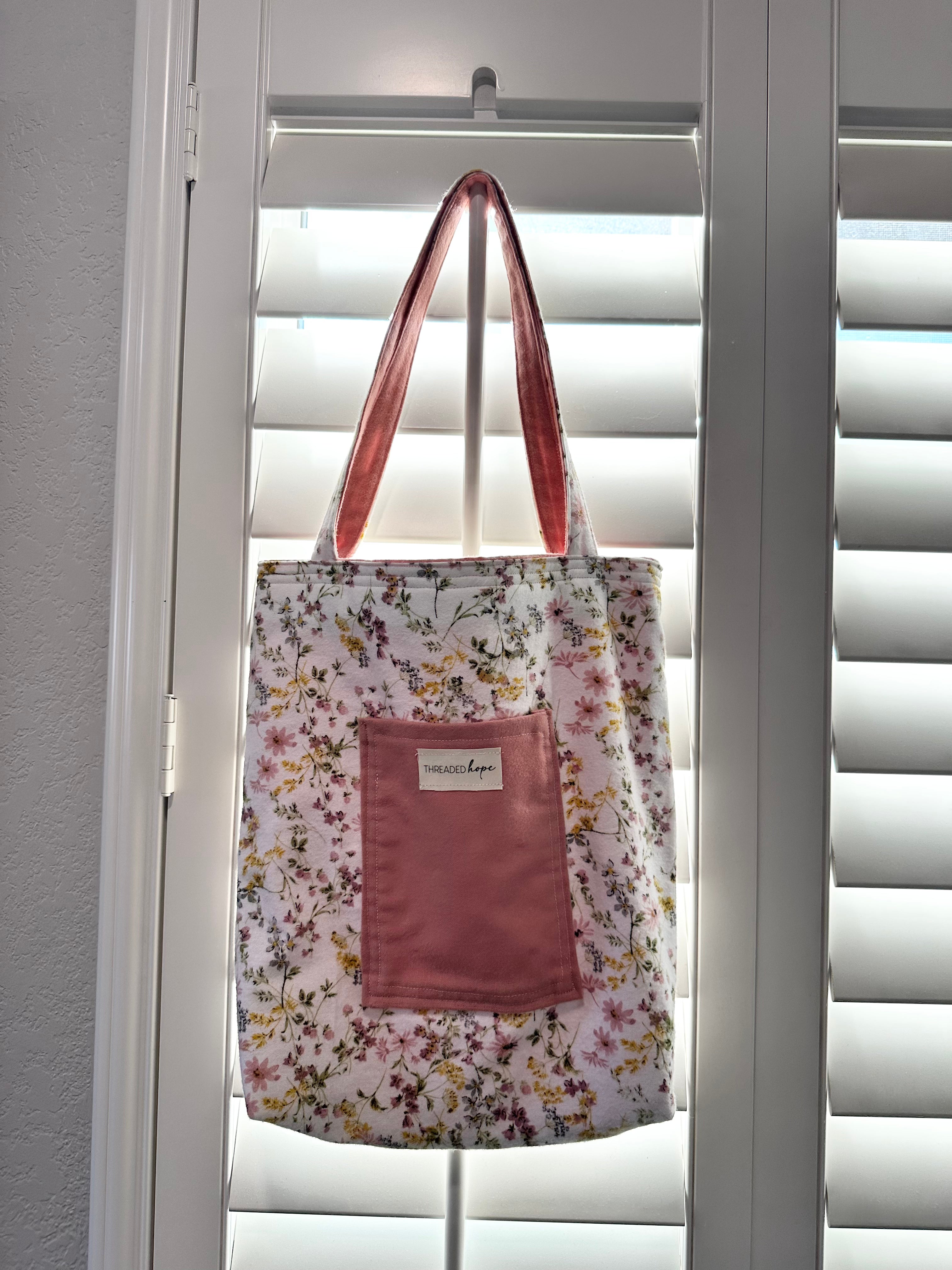 Floral Handmade Flannel Tote Bag with Front Pocket (14” x 14.5”) thumbnail 2