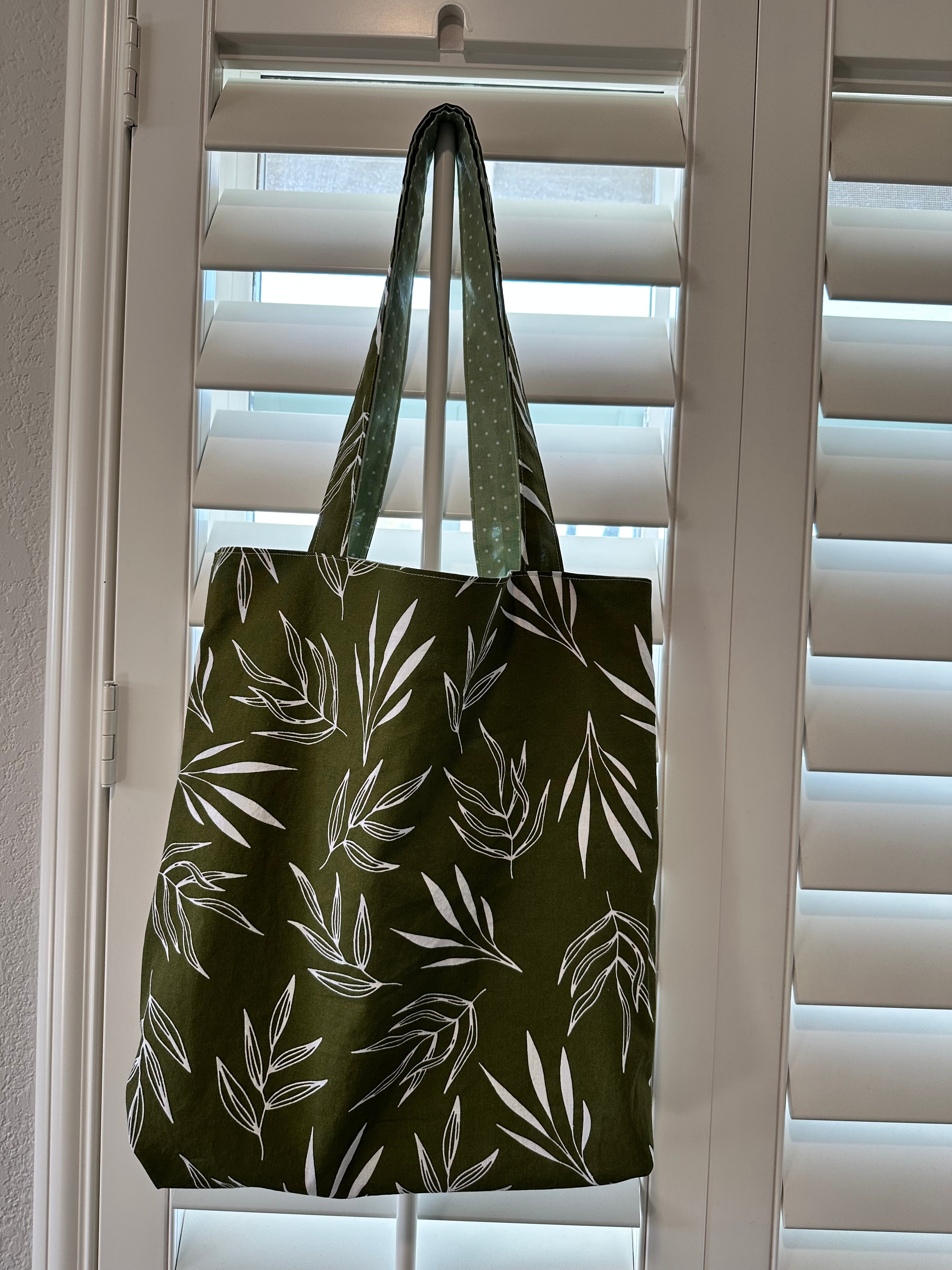 Green Reversible Handmade Cotton Tote Bag with Pocket (14” x 14.5”) thumbnail 2
