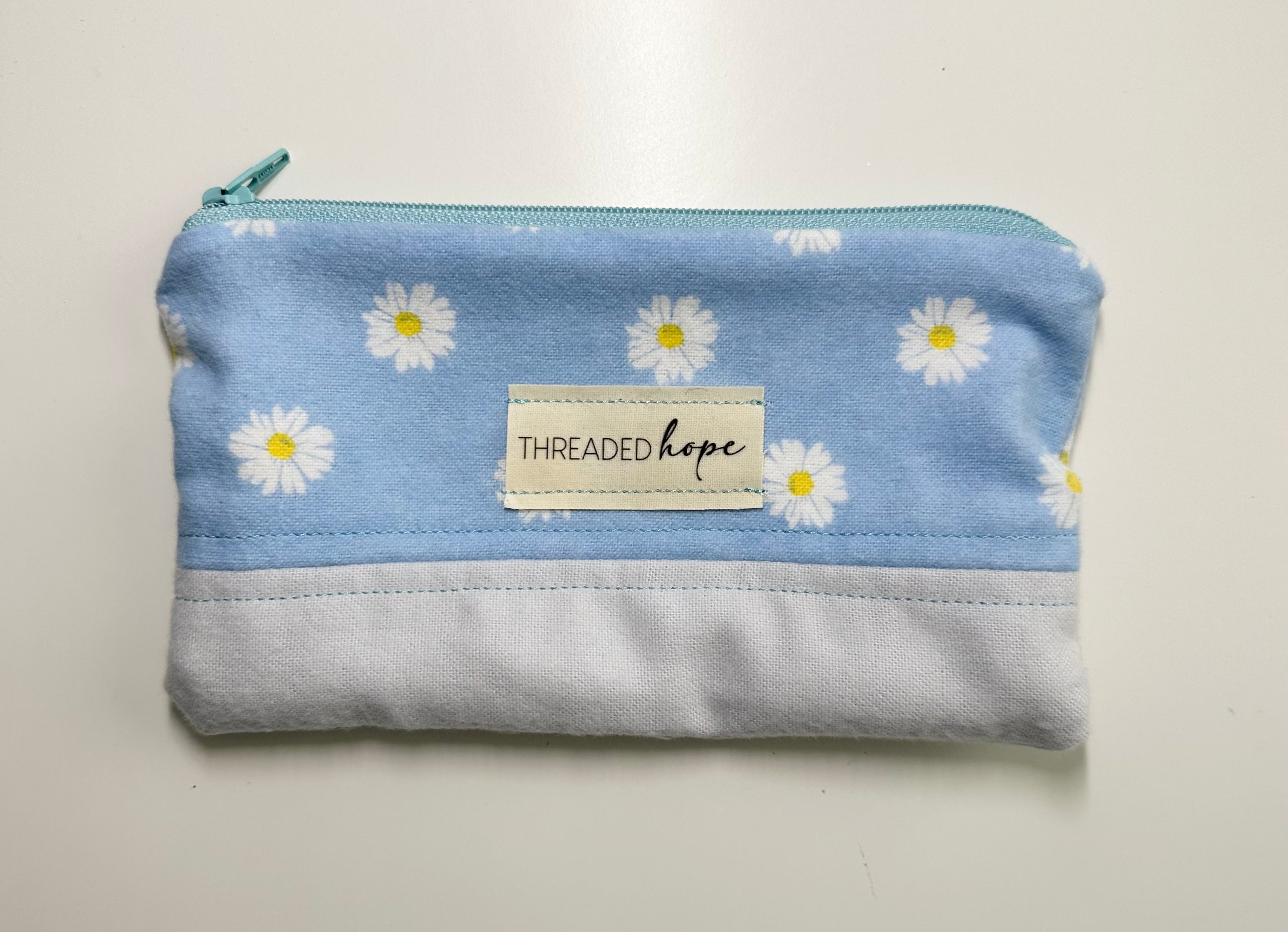Handmade Blue Floral Zipper Pouch (7” x 4”)