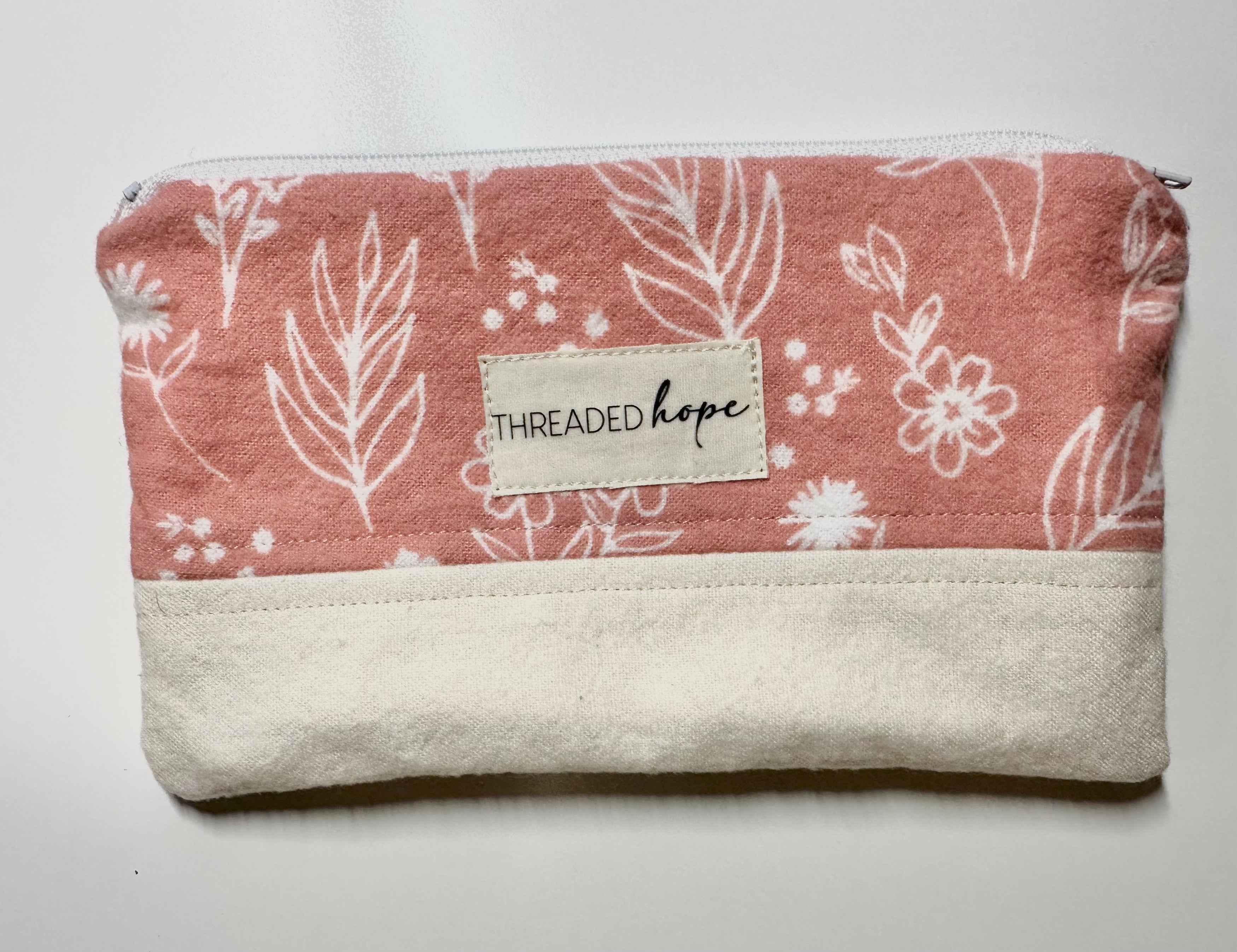 Pink Floral Handmade Flannel Zipper Pouch (7” x 4”) thumbnail 3