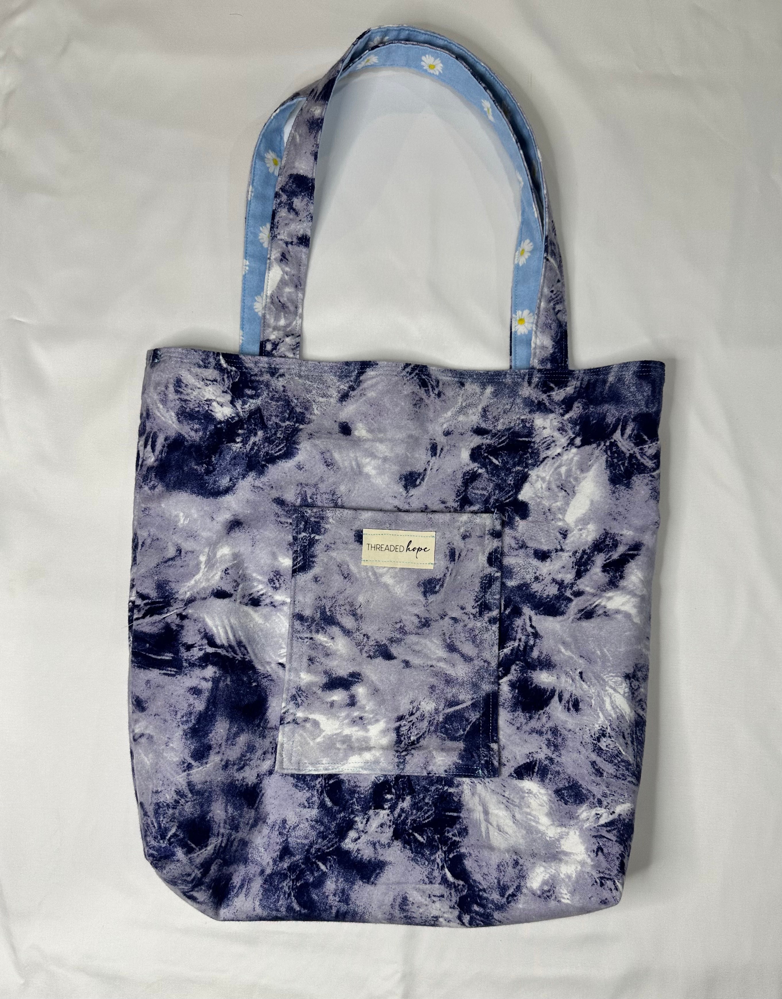 Purple Tie Dye/Light Blue Floral Handmade Reversible Flannel Tote Bag (14” x 14.5”)