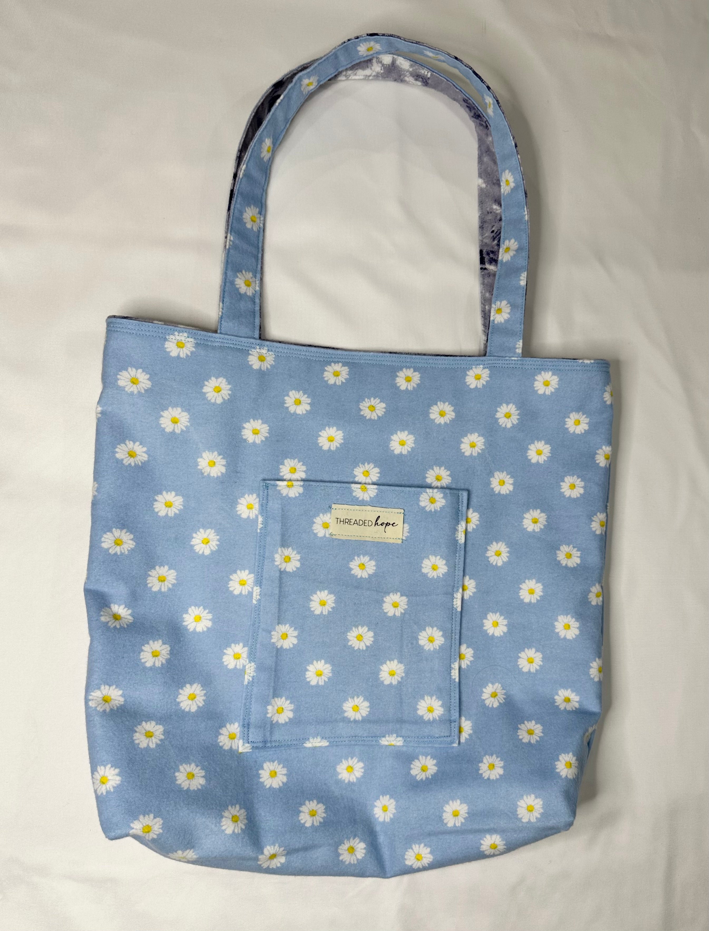 Purple Tie Dye/Light Blue Floral Handmade Reversible Flannel Tote Bag (14” x 14.5”) thumbnail 2