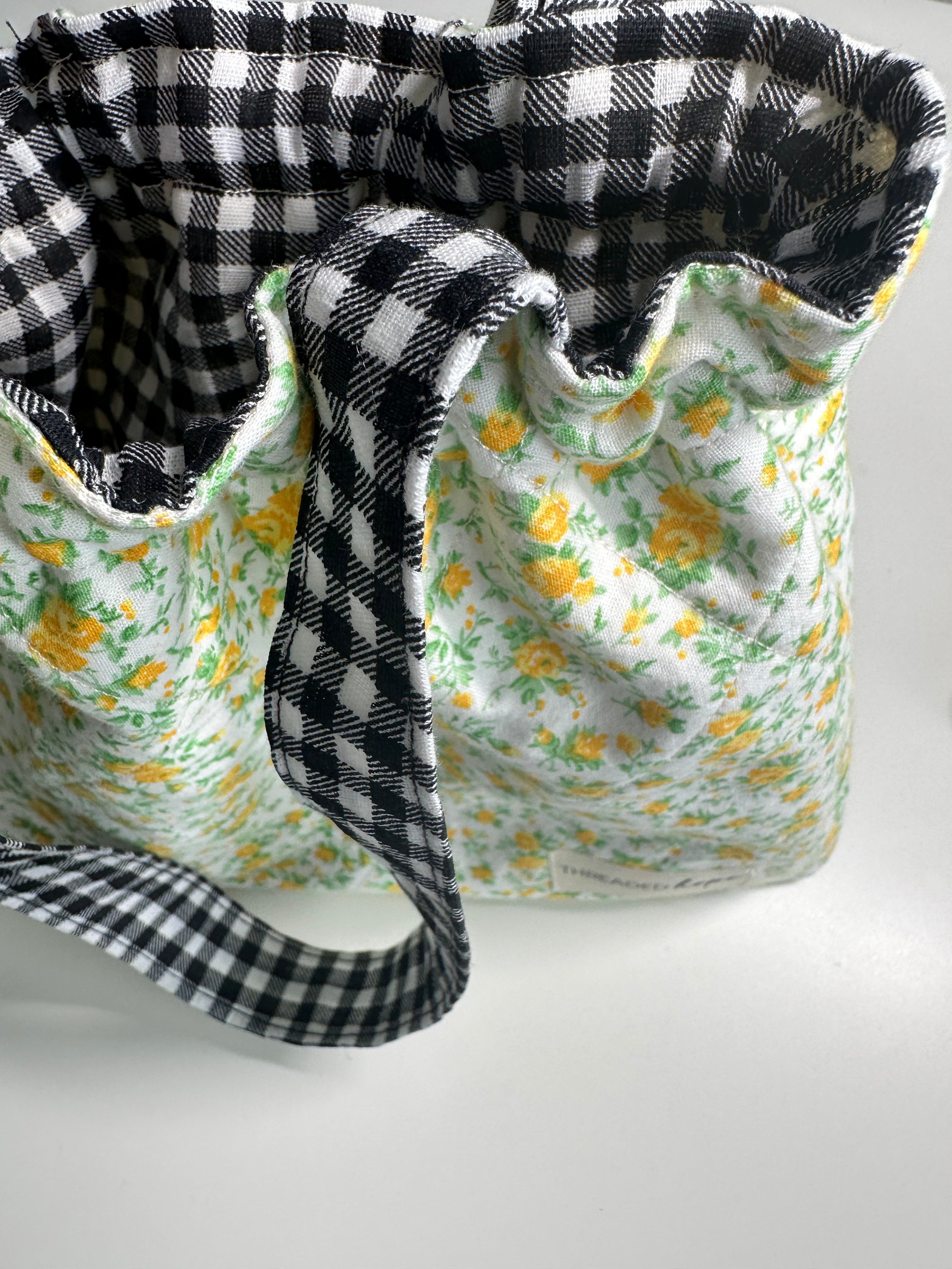 Quilted Yellow Floral/Checkered Toddler Tote with Elastic Closure thumbnail 2