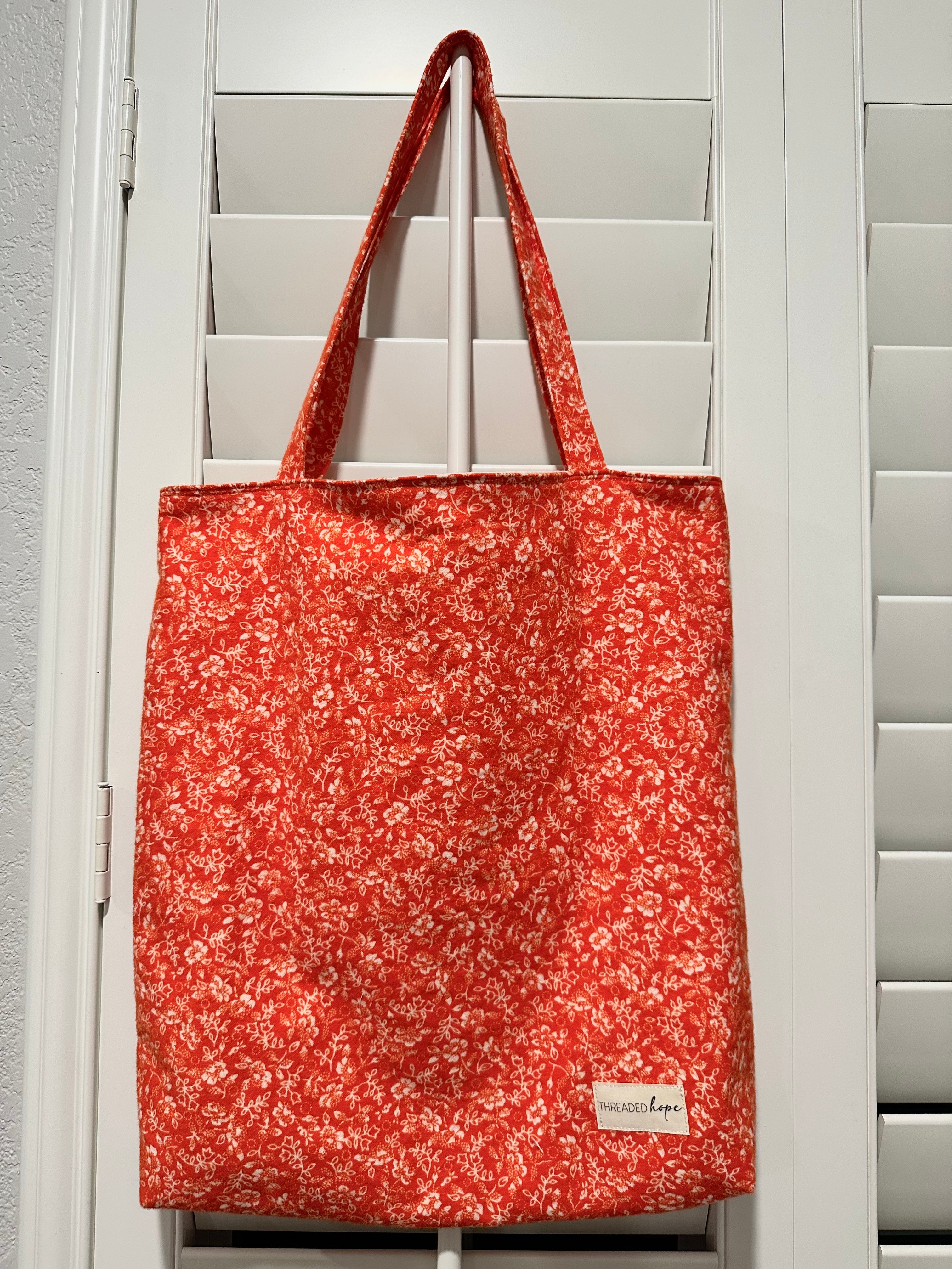 Salmon Floral Flannel Tote Bag (14” x 14.5”)