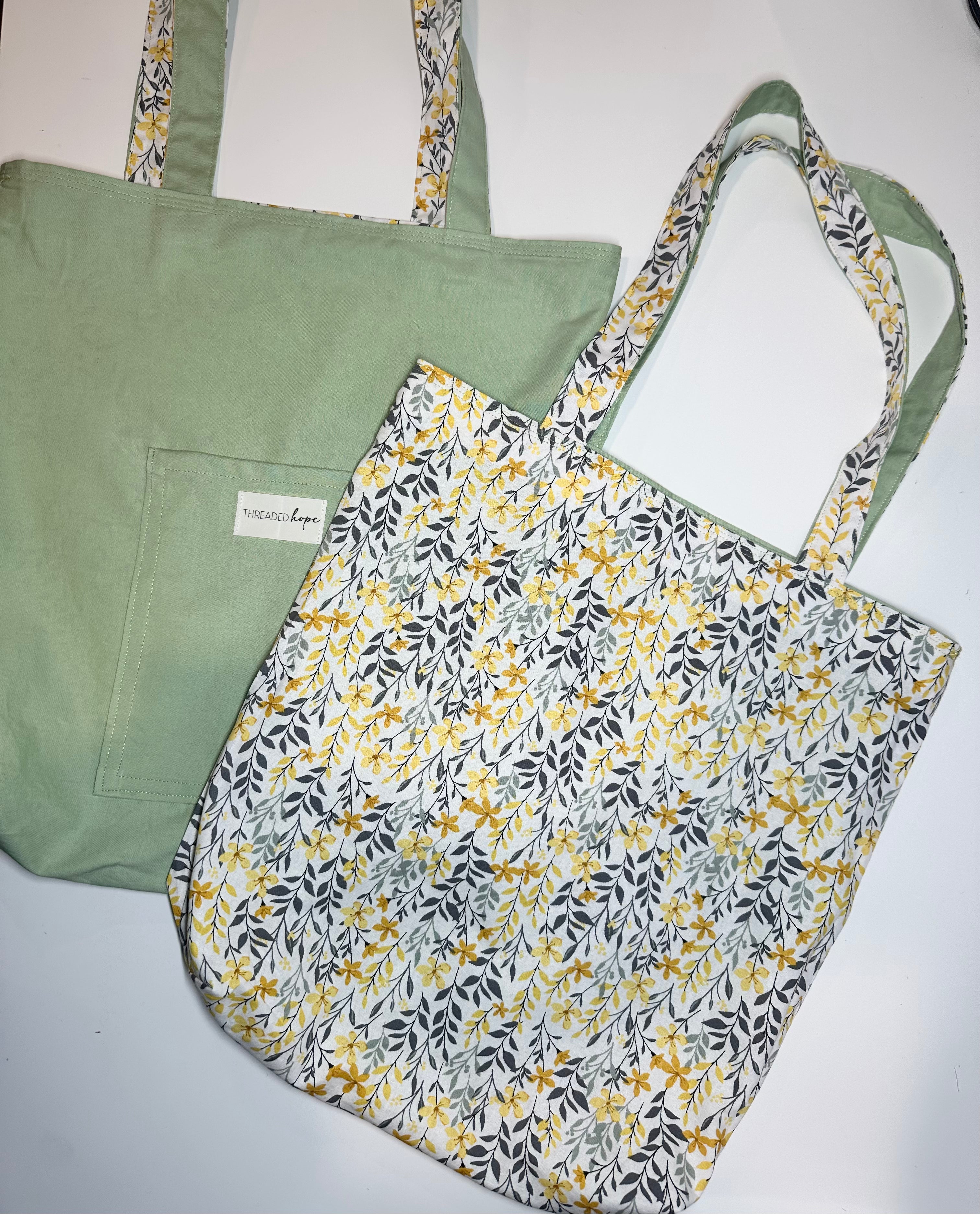 Yellow floral/Green Cotton Reversible Tote Bag thumbnail 2