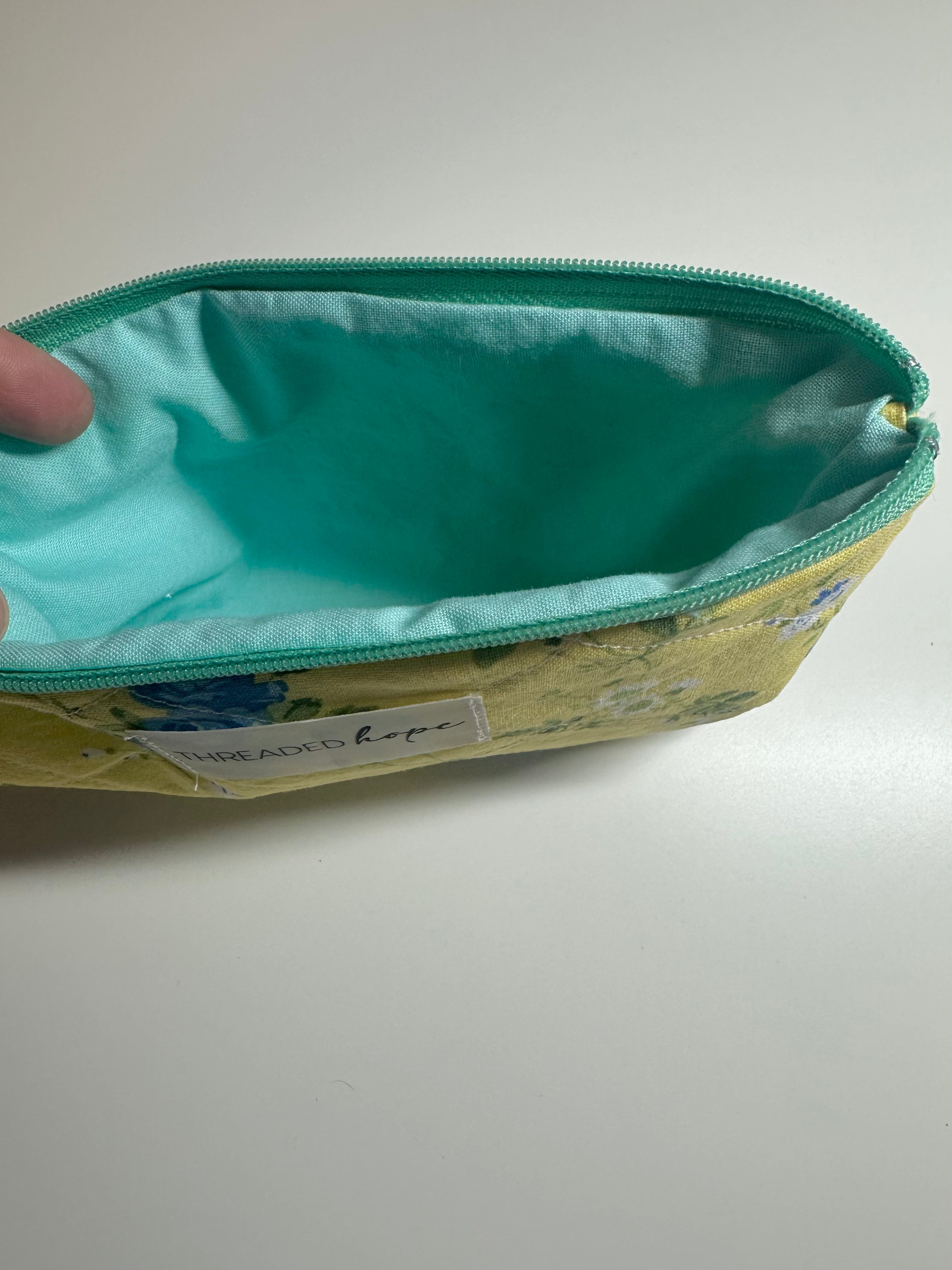 Yellow Floral Quilted Cotton Zipper Pouch thumbnail 2